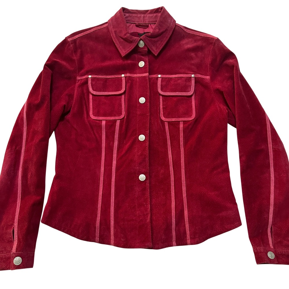 Live a Little Western Suede Leather Trucker Jacket M Red Boho Y2K Whimsigoth